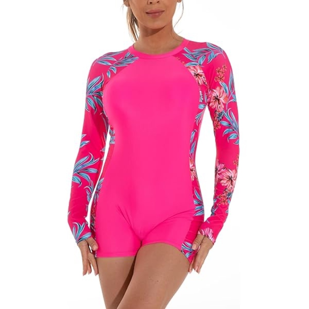 Floral Pink and Blue One Piece Swimwear with Long Sleeves